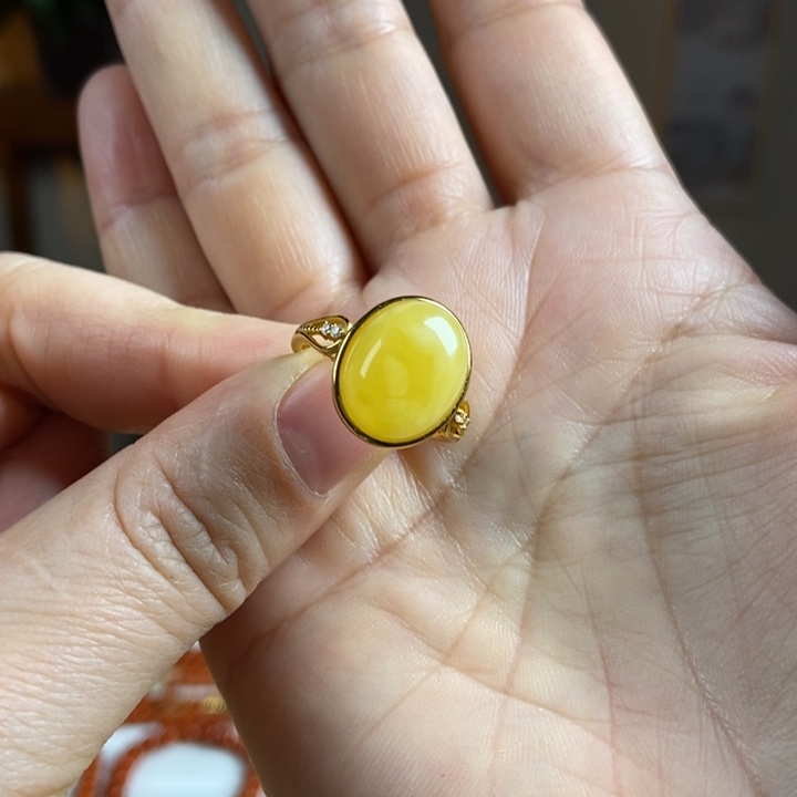 琥珀戒指银S925镶嵌蜜蜡戒指