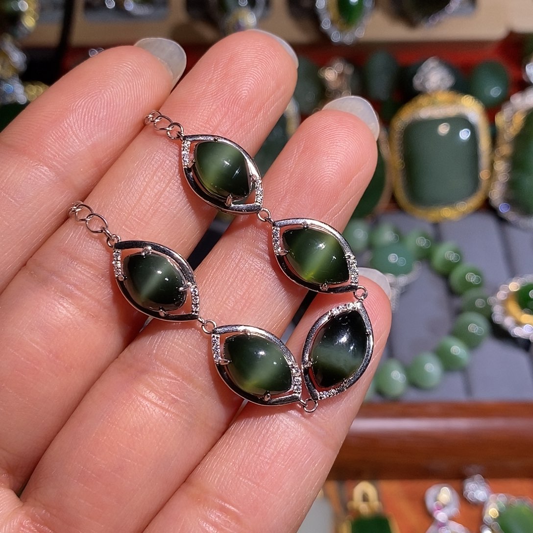 和田玉（碧玉）银S925镶嵌手链