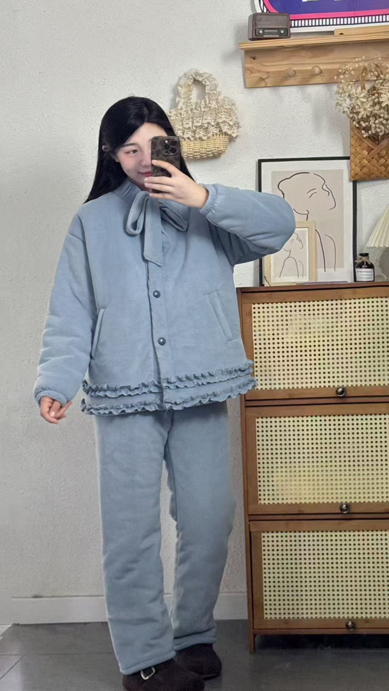 冬季新款三层加绒加厚蝴蝶结外穿家居服