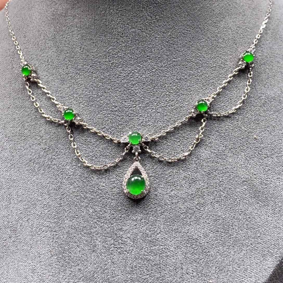 翡翠颈饰银S925镶嵌荔**茶翡翠项链