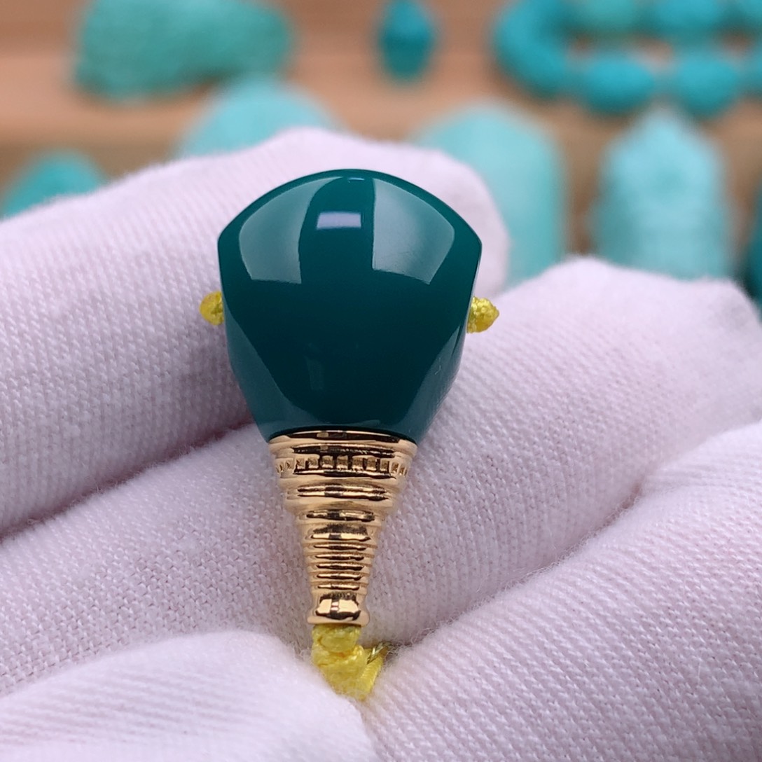 绿松石珠宝奇石18K金镶嵌14.1mm金塔三通