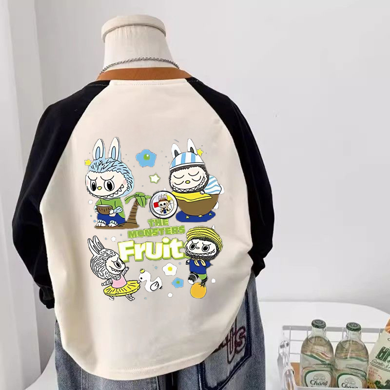拉布布衣服长袖t恤儿童插肩袖男童早秋卡通印花拼色上衣打底衫潮