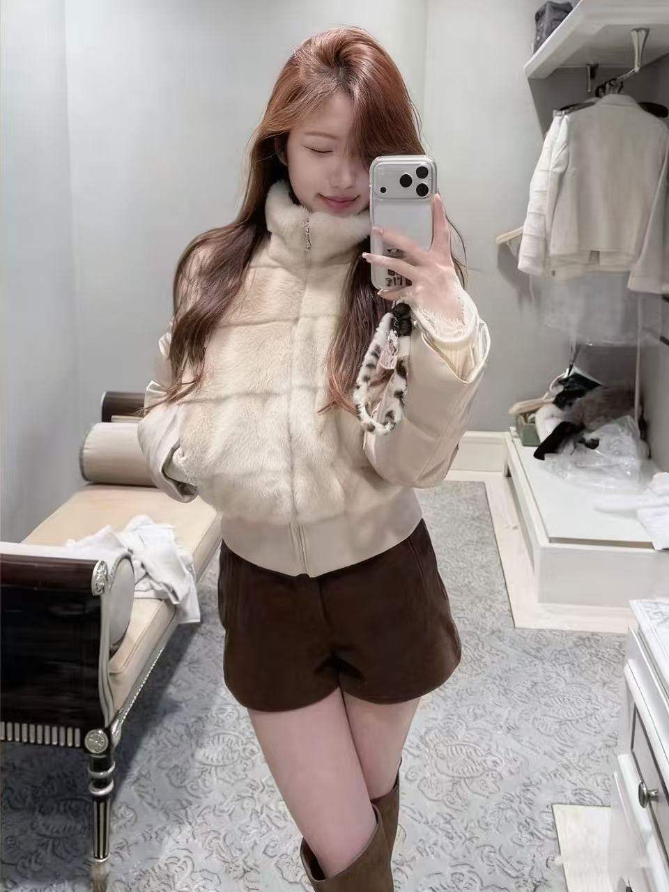 法式长袖气质百搭拼接绒羽绒服外套