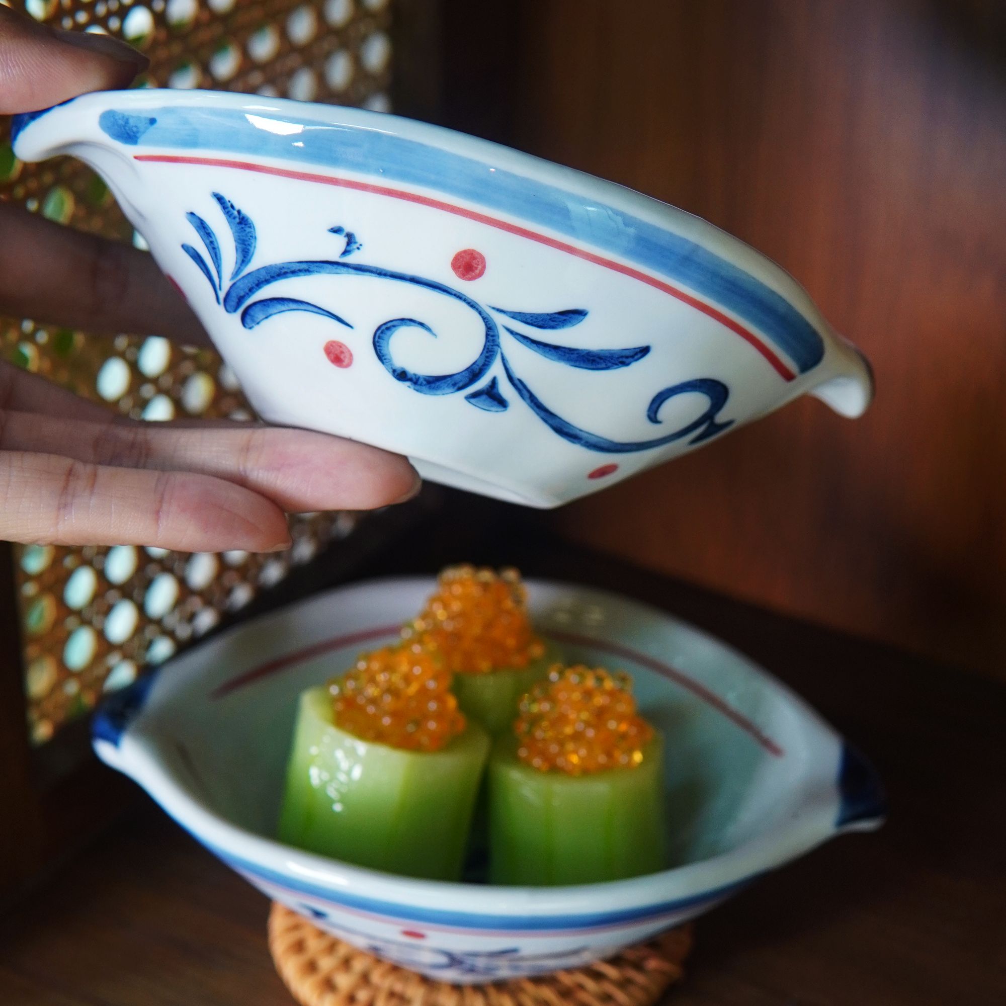 RIGEIAN/瑞涧【5寸双耳小碟】红豆卷草手工复古家用创意陶瓷手绘