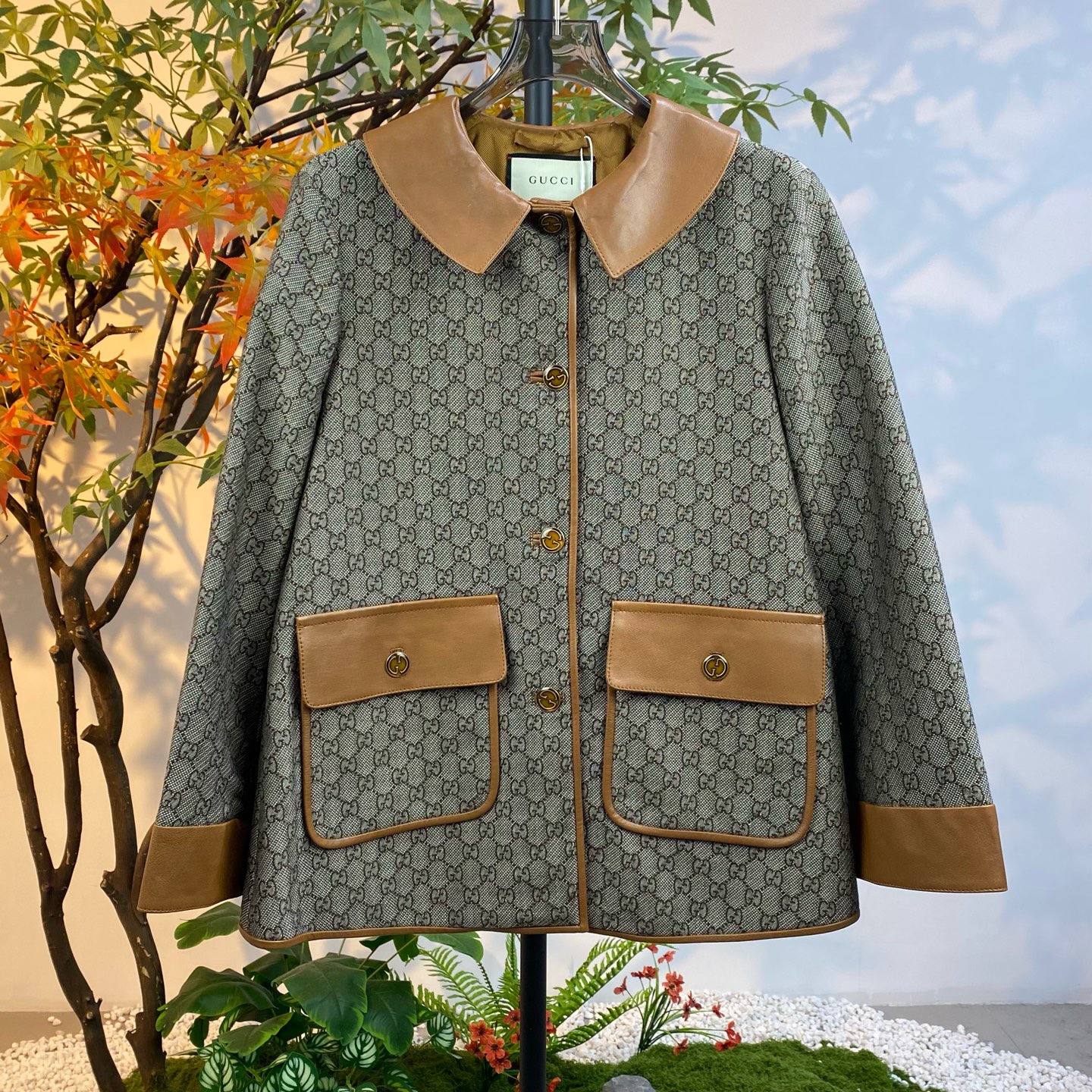 未使用 GUCCI/古驰 251084/40码/复古皮质滚边满印翻领夹克外套