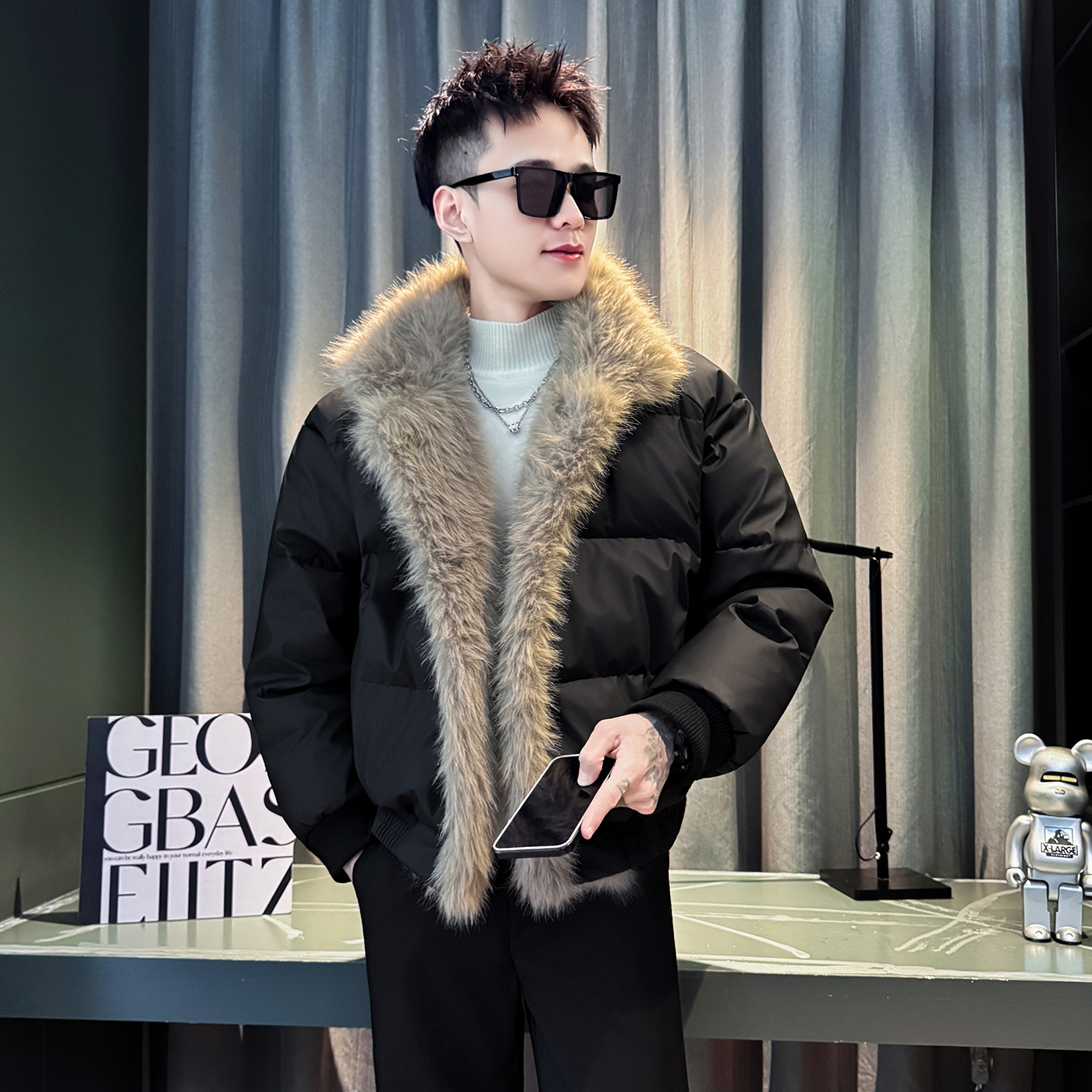 黑色座山雕棉服男款冬季防寒外套2025新款高级感潮牌保暖毛领棉衣