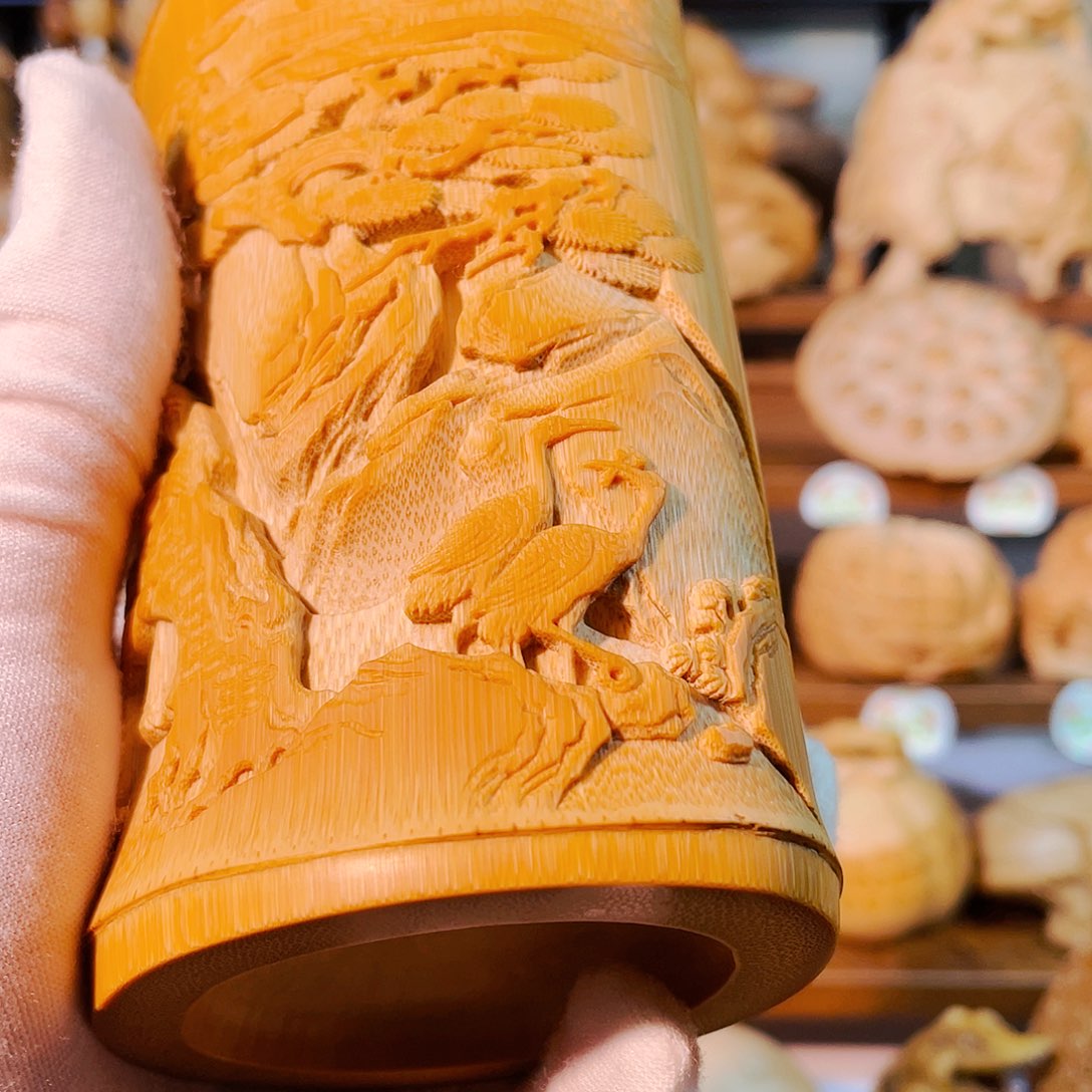 竹竹雕松下文人茶仓把玩件