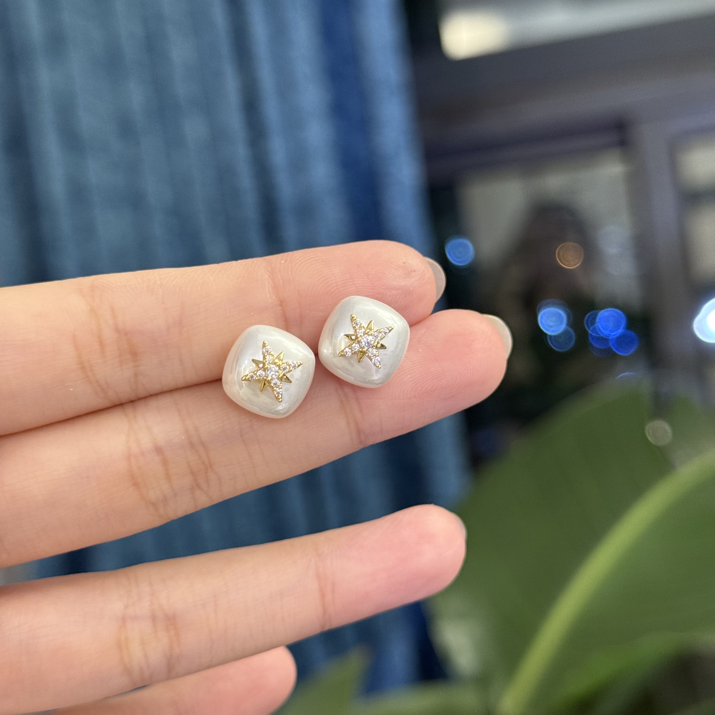 铜合金仿珍珠耳饰 2061 超高版 高级感八芒星珠光法式气质耳钉