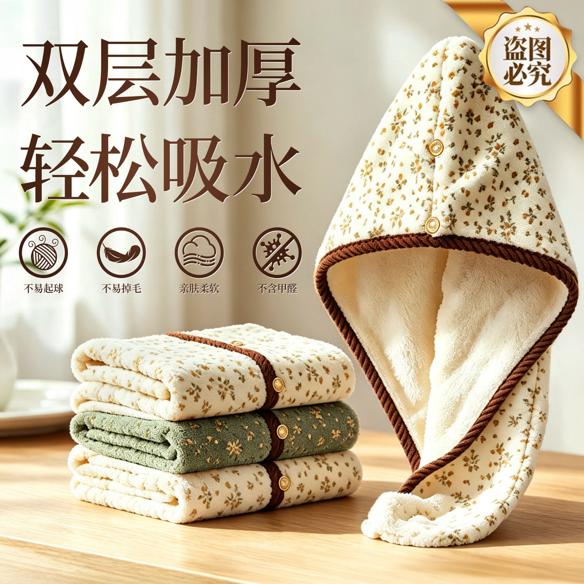 雨沃新款法式印花双层干发帽加厚吸水珊瑚绒浴帽家用包头巾干发巾