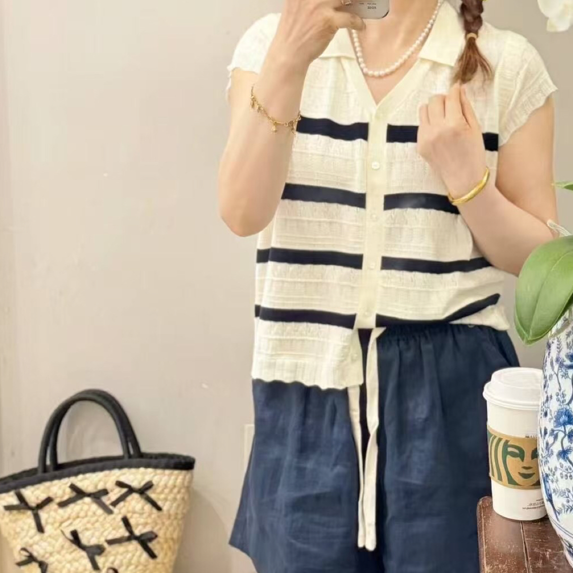 早秋百搭设计感法式毛针织衫女条纹翻领撞色无袖上衣