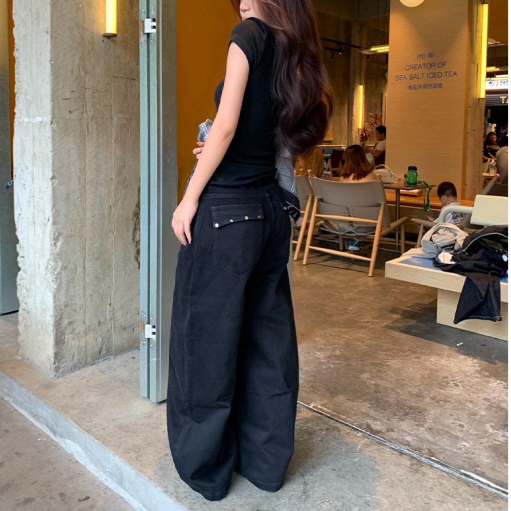 美式复古黑色铆钉牛仔裤女秋冬2025新款宽松阔腿拖地梧桐裤子