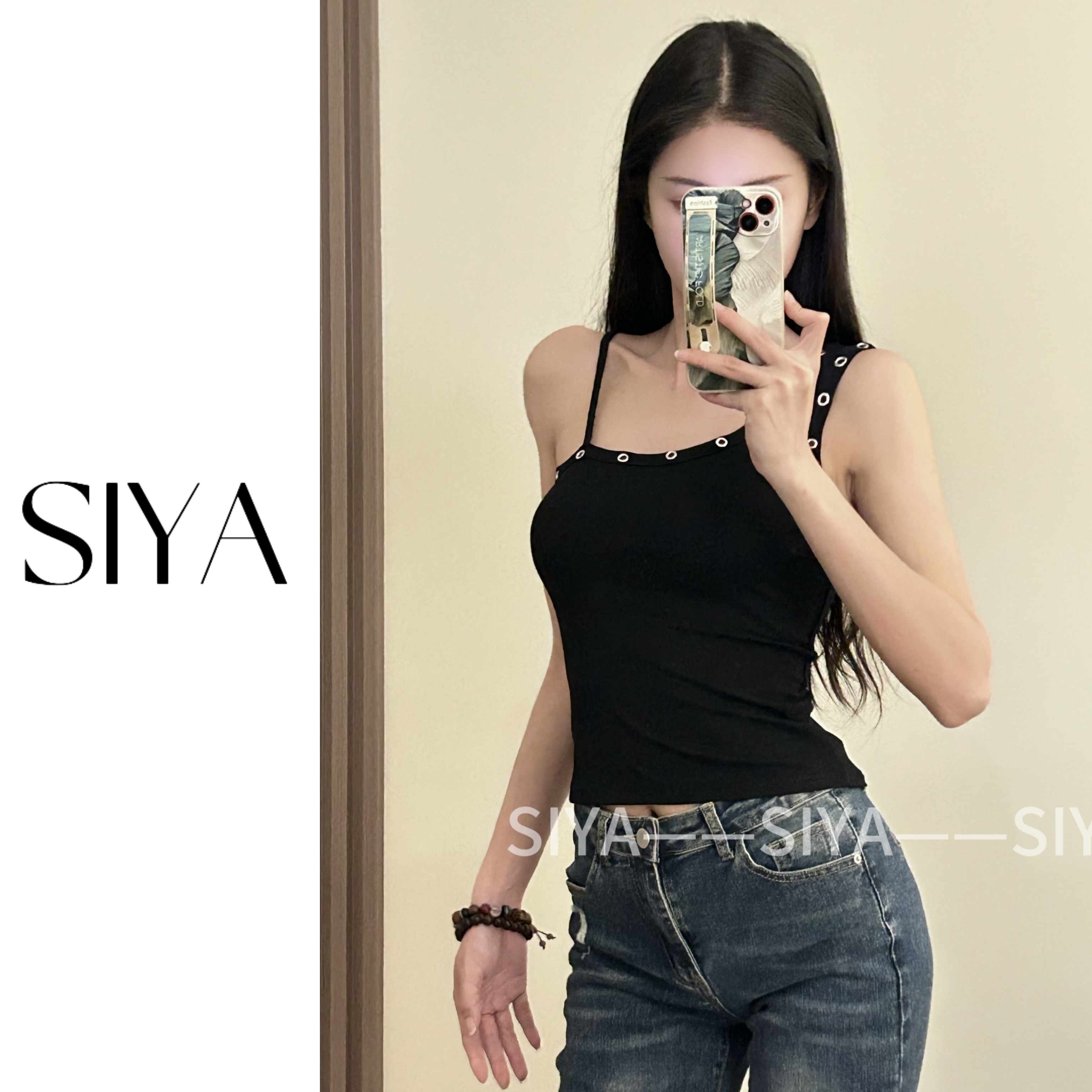 【SIYA】甜飒酷妹美式辣妹铆钉斜肩吊带背心时尚设计感修身外穿上衣