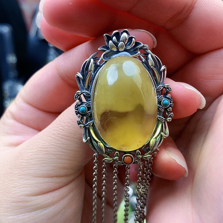 琥珀裸石银S925镶嵌坠