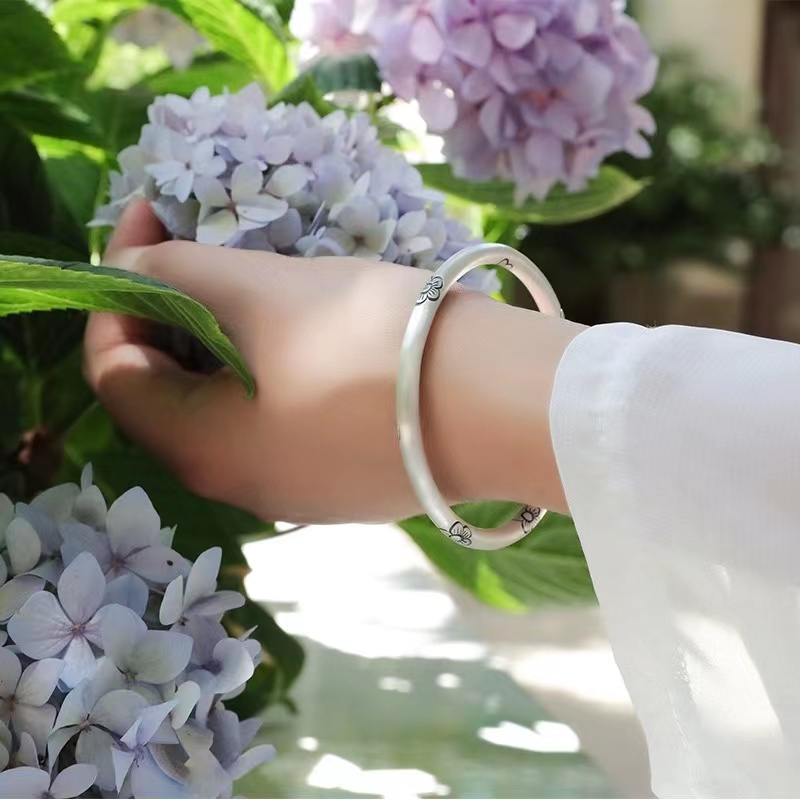 鹿怡 足银手镯 25克素款999.9实心复古梅花国风典雅闭口时尚银镯