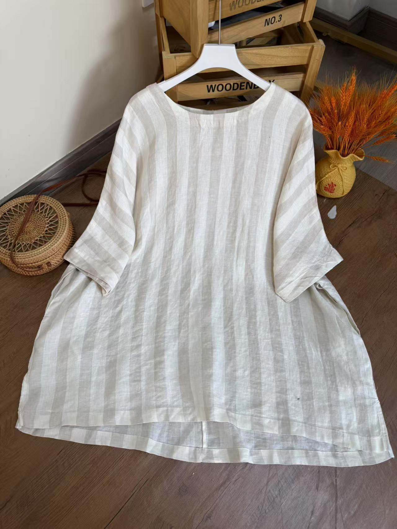 【云目悠悠】夏季汉麻百搭简约短袖长款女士衬衫-2025285