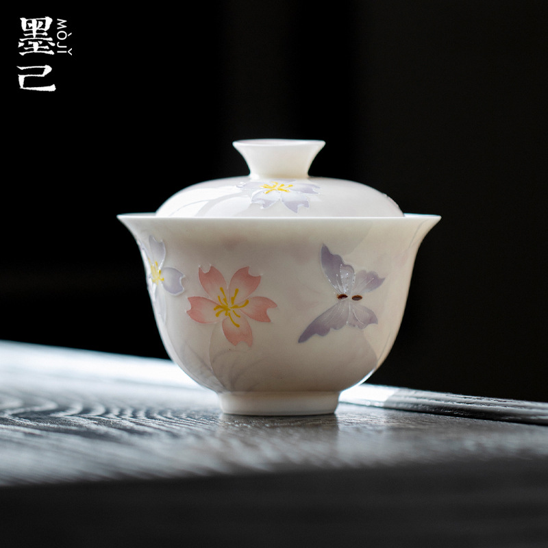 墨己玉泥日式有田烧家用手绘樱织蝶陶瓷盖碗功夫茶具薄胎仿烫盖碗