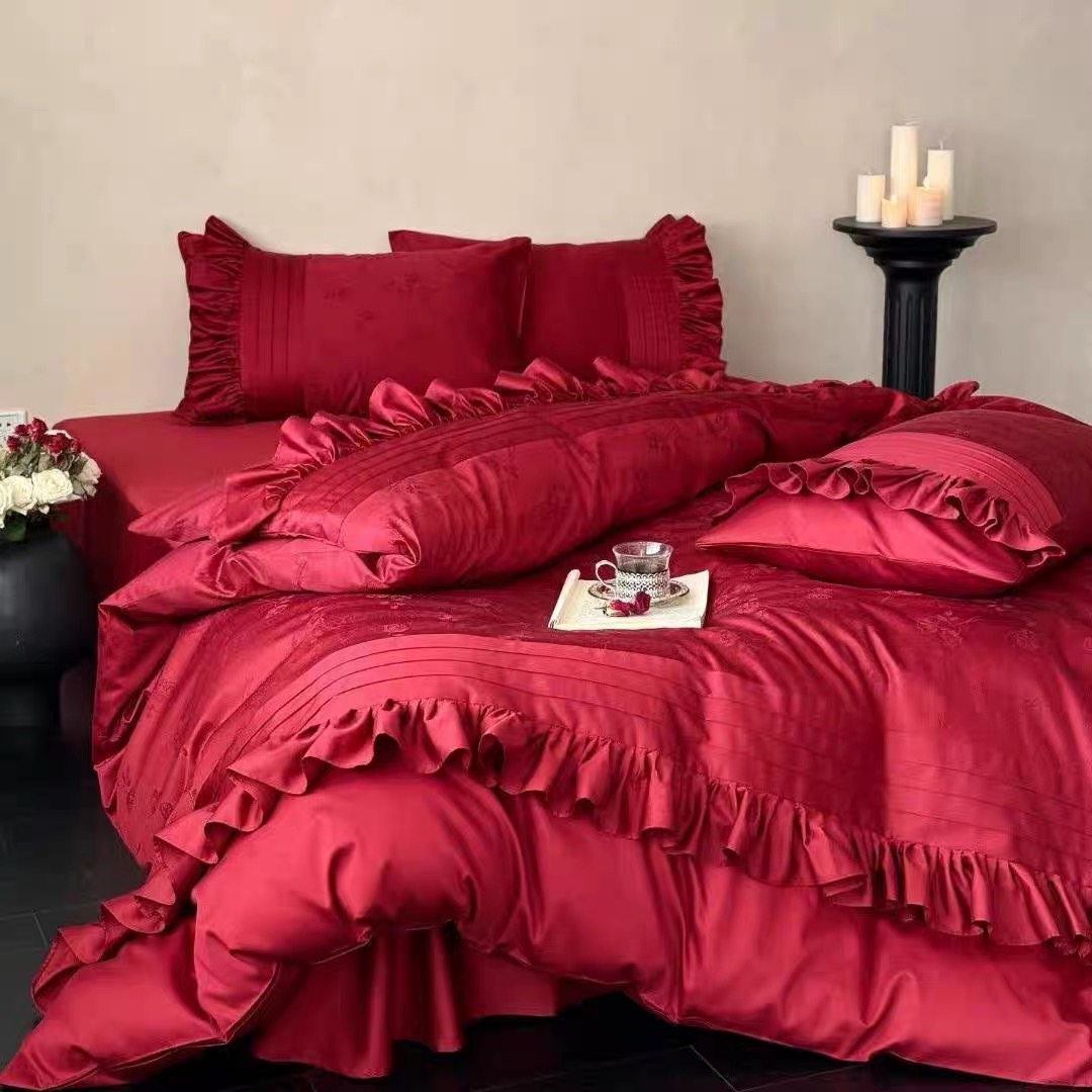 结婚公主风枕套床品套件纯色被罩欧式100支纯棉网红轻奢大红被套