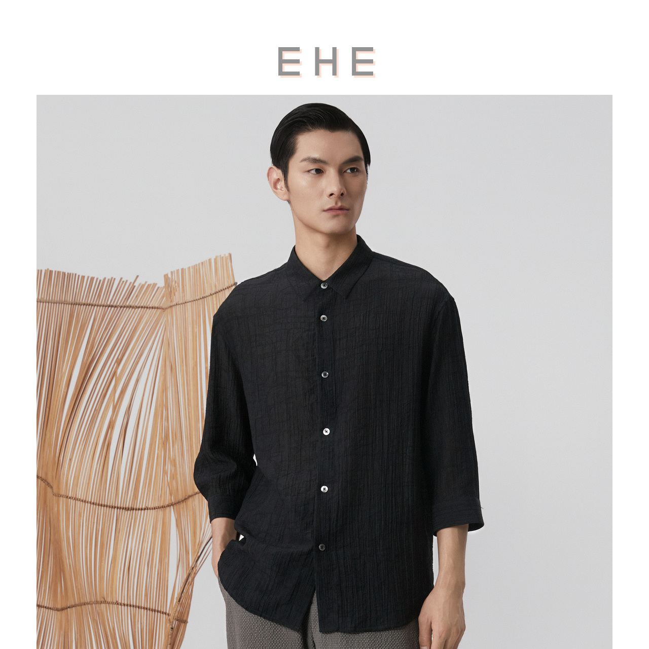EHE男装 25春季新款莱赛尔通勤休闲七分袖翻领薄衬衫EH1251267005