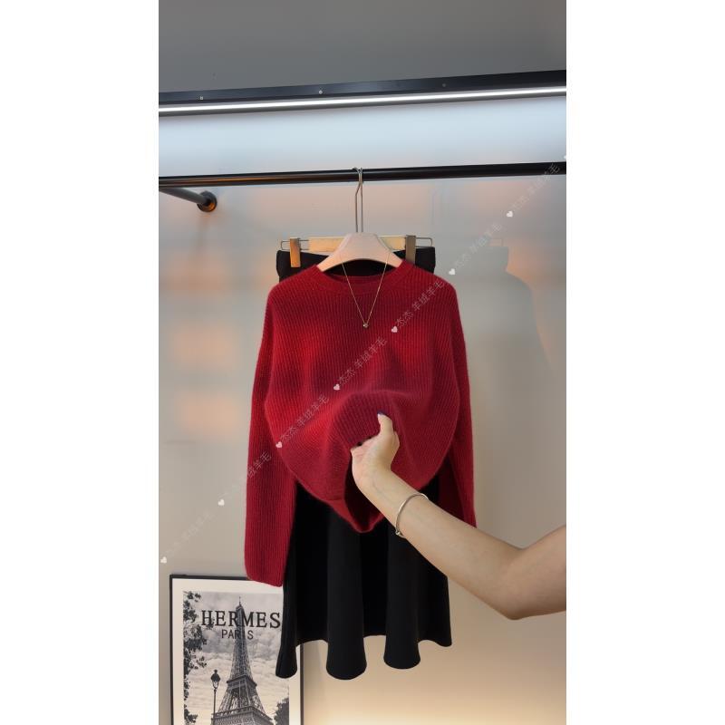 圆领韩版慵懒风时尚百搭显瘦落肩款带亮丝女士羊绒羊毛衫-杰杰
