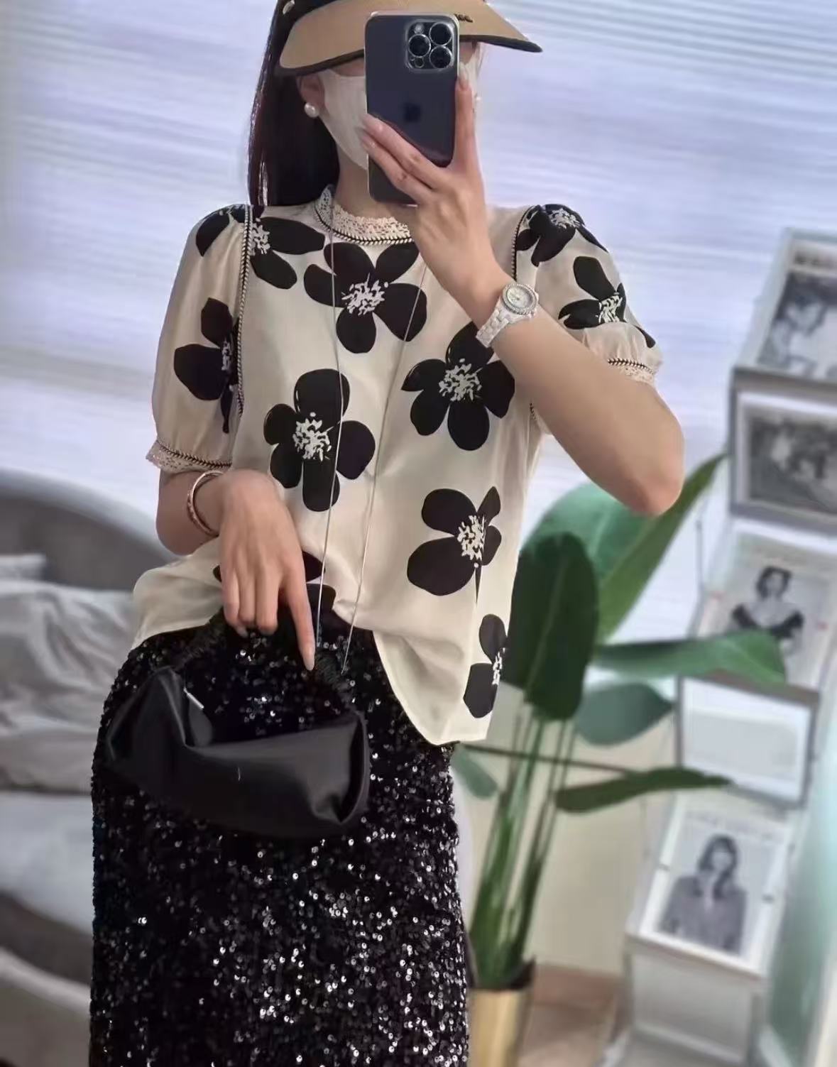 BZJ M胸102长62蕾丝拼接丝滑套头短袖衬衫大花气质上衣 9715
