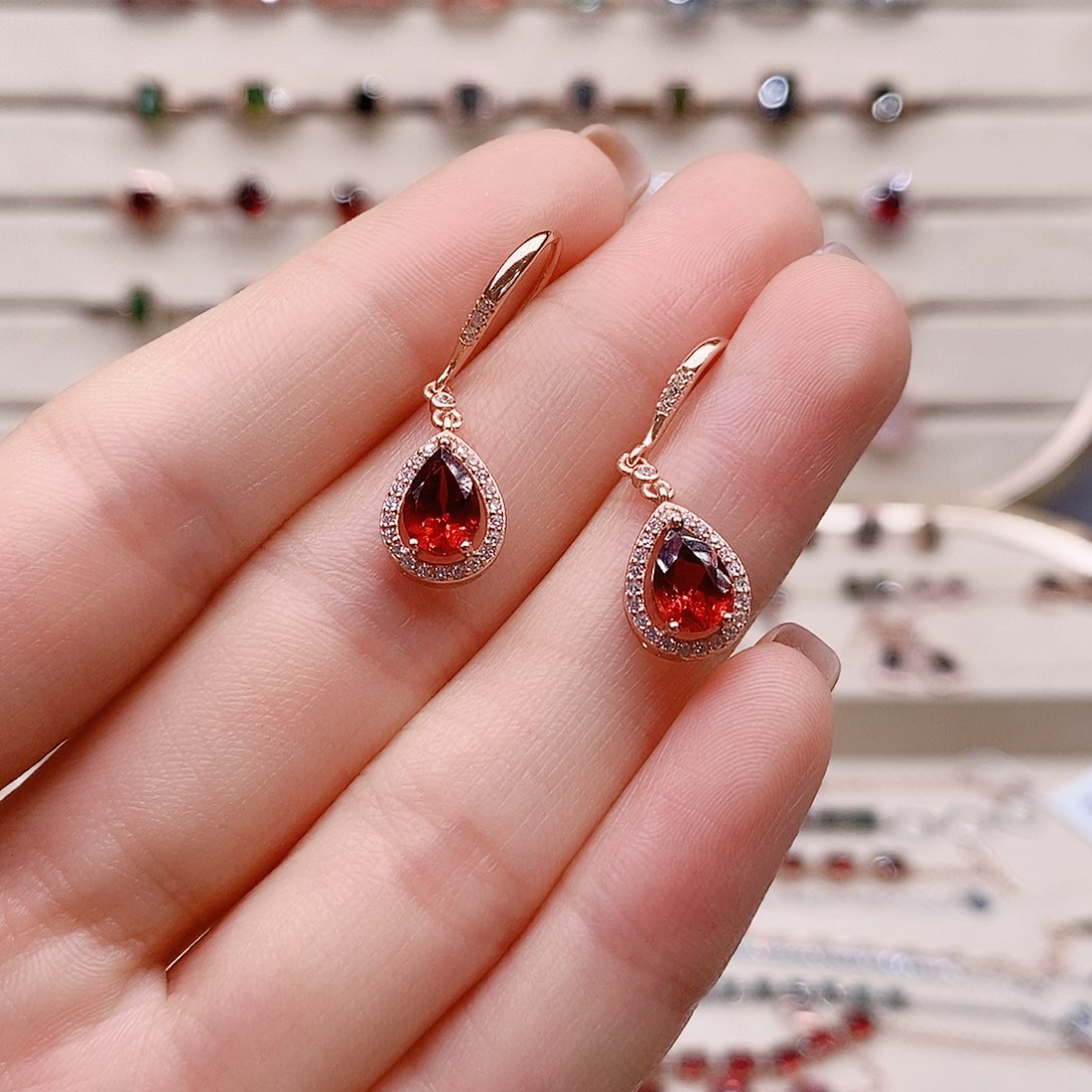 石榴石耳钩银S925镶嵌耳钩
