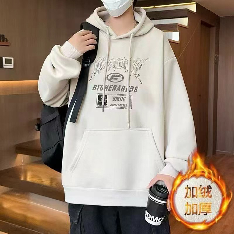 秋冬男士加绒卫衣潮牌暗黑系字母印花连帽衫宽松加厚保暖卫衣