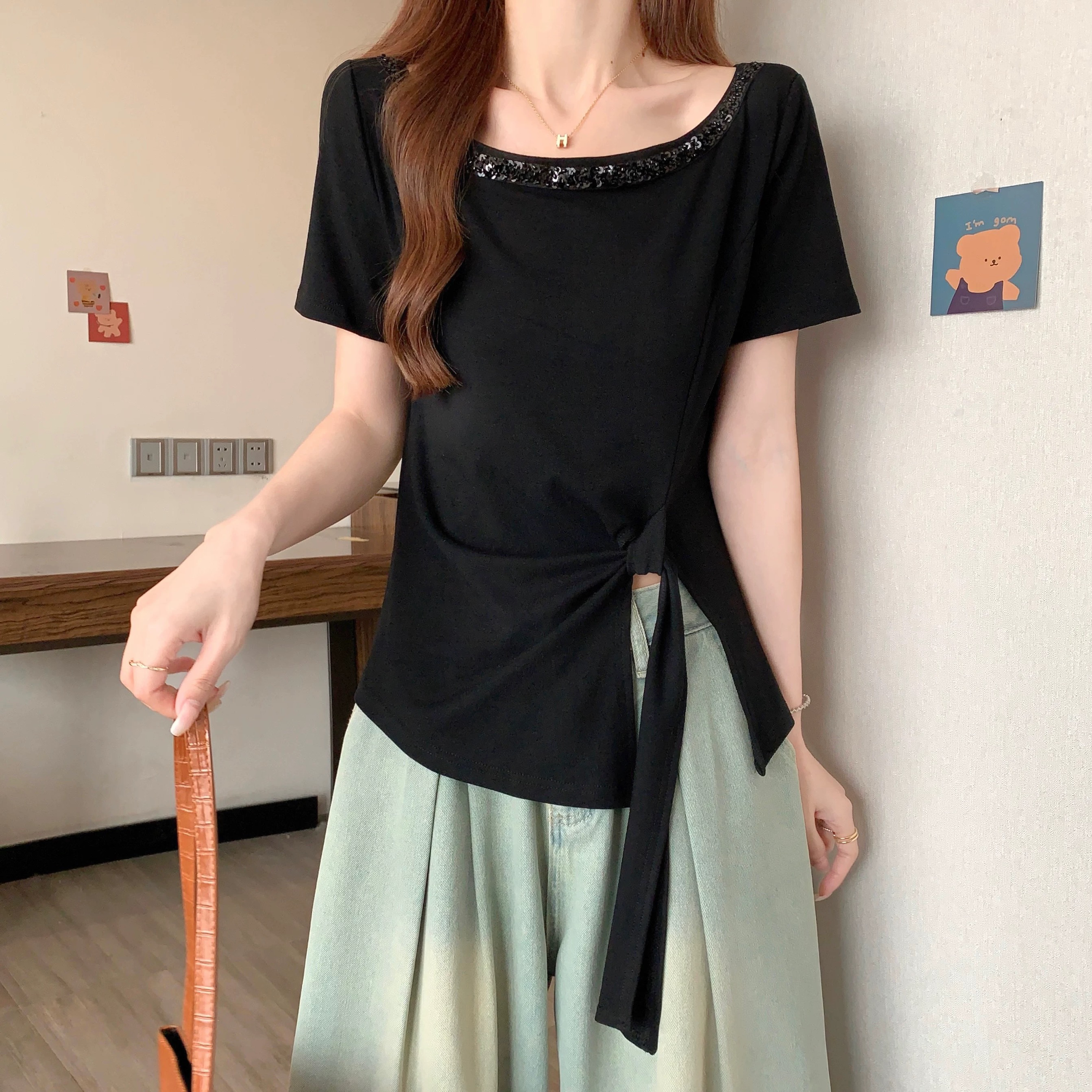 新疆包邮【X12】亮片不规则绑带T恤-衣长54