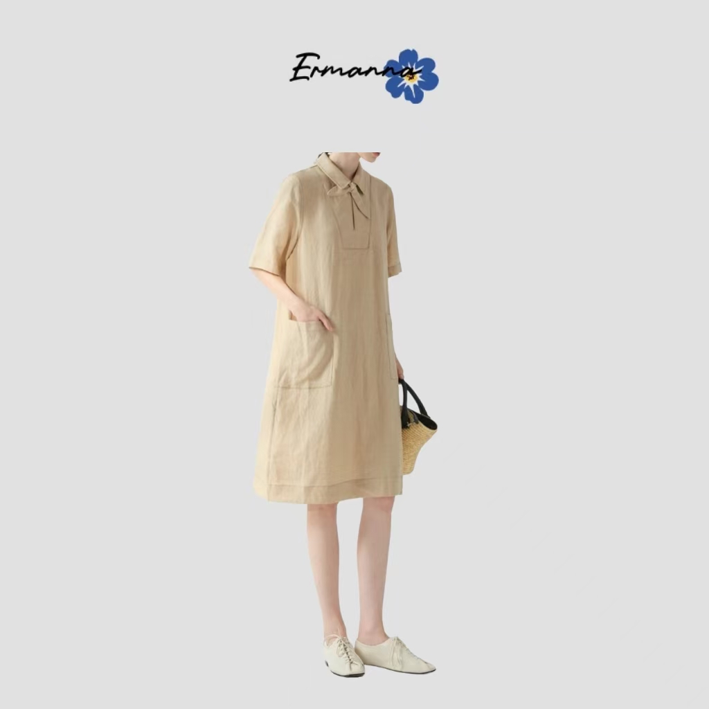 【自营订单】LA亚麻同款韩系休闲领口蝴蝶结时尚连衣裙