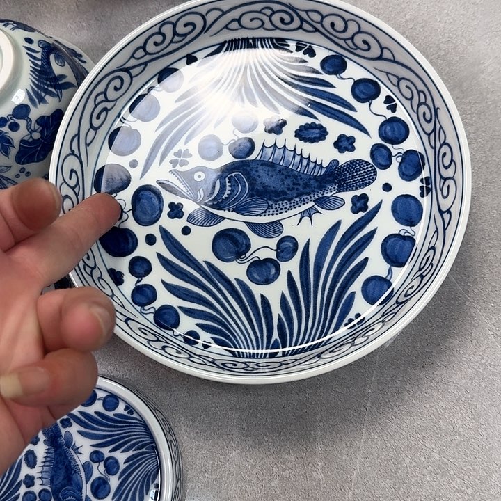 瓷片青花鱼藻5件套景德镇