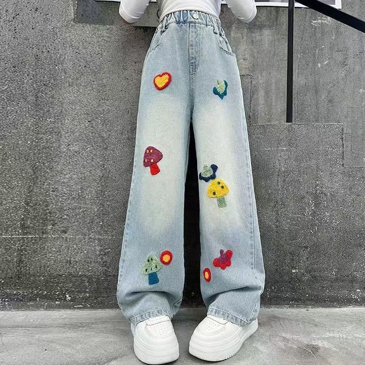 女童牛仔裤春秋款儿童2025新款中大童洋气直筒裤子阔腿裤