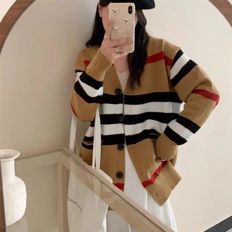 董小姐/拼色条纹毛衣开衫复古慵懒风上衣气质宽松针织外套