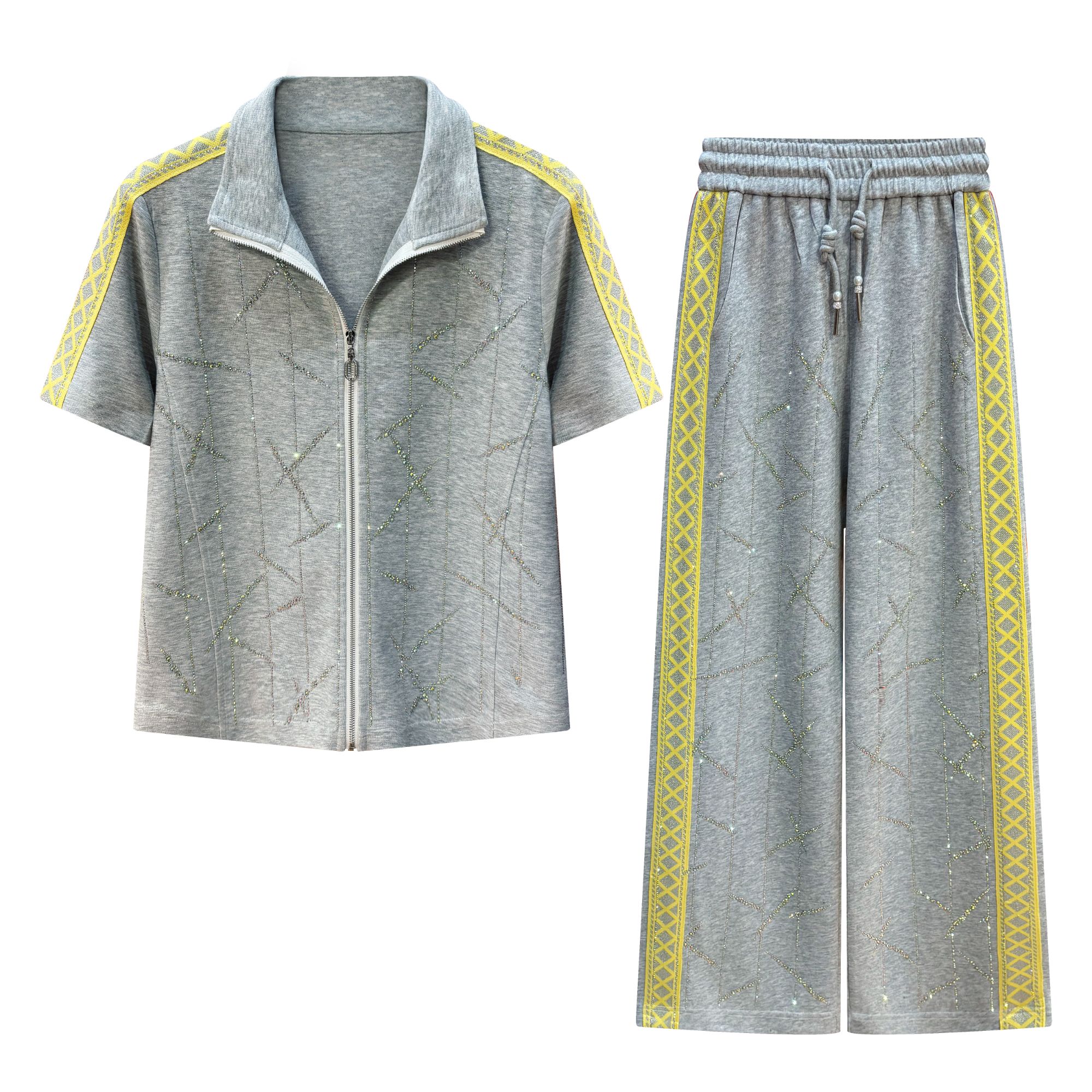 2025 夏季时尚烫钻休闲显瘦百搭短袖灰色套装#2650/2651