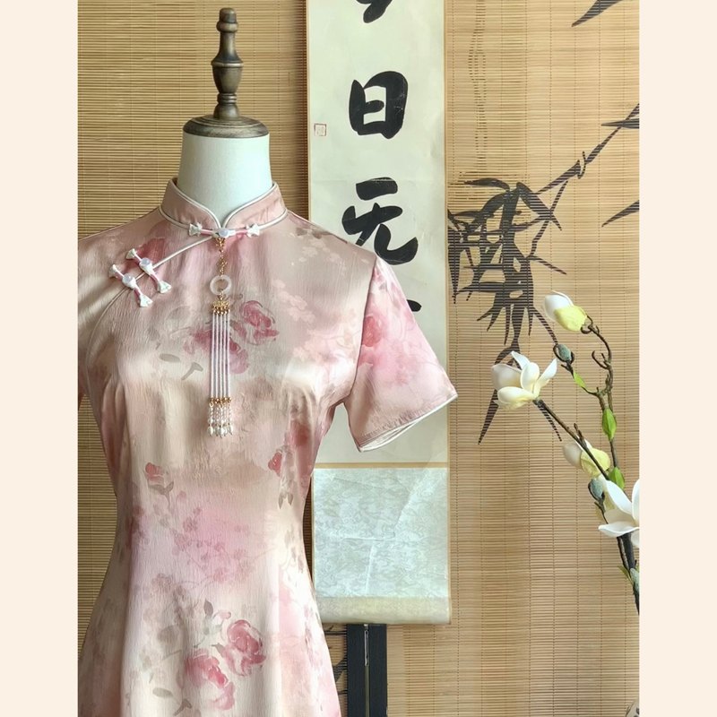 【荔枝玫瑰】新中式粉色改良旗袍日常气质少女立领修身国风连衣裙