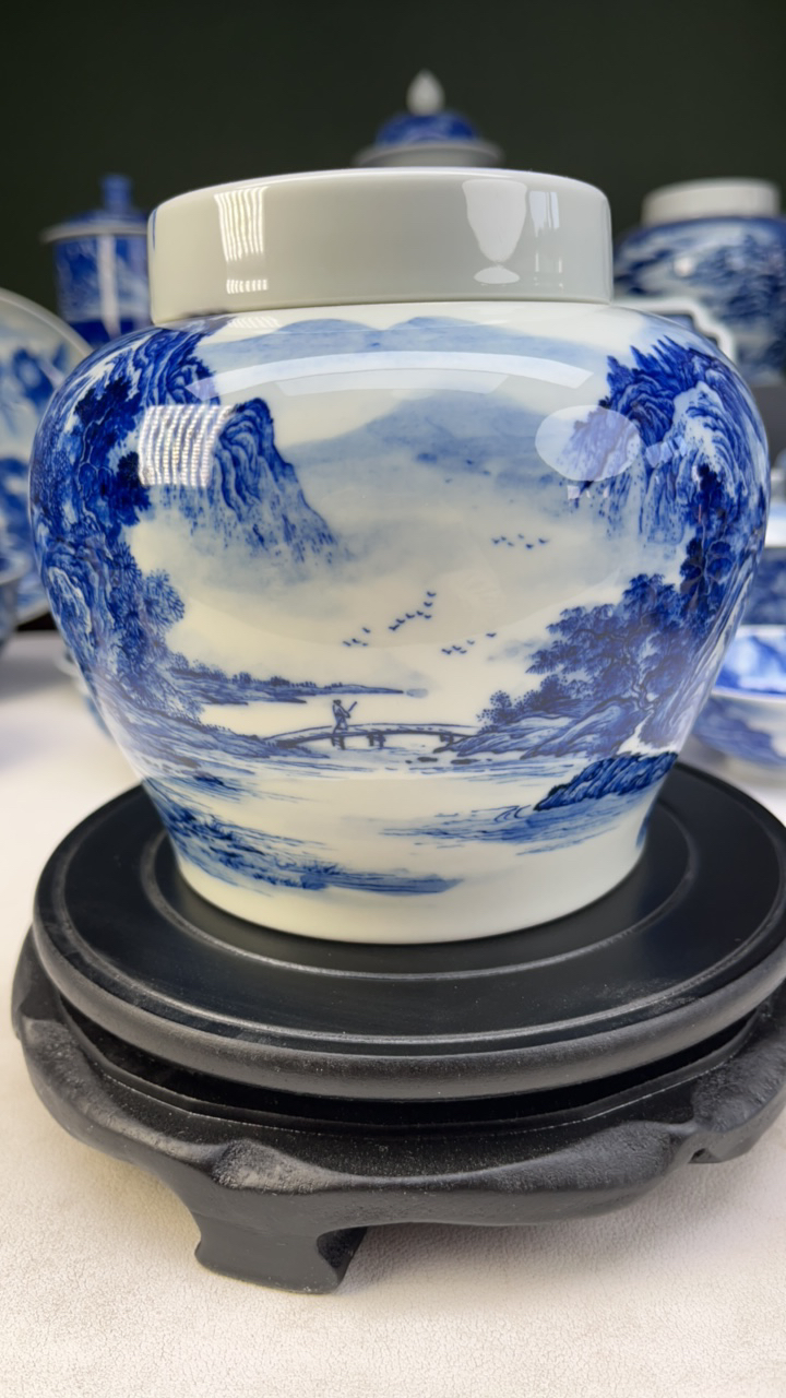 镇店之宝景德镇柴窑青花山水双盖茶叶罐天字罐