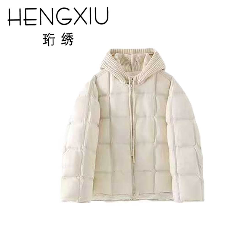 珩绣假俩件拼接90白鸭绒针织连帽拼接泡芙羽绒服外套257578