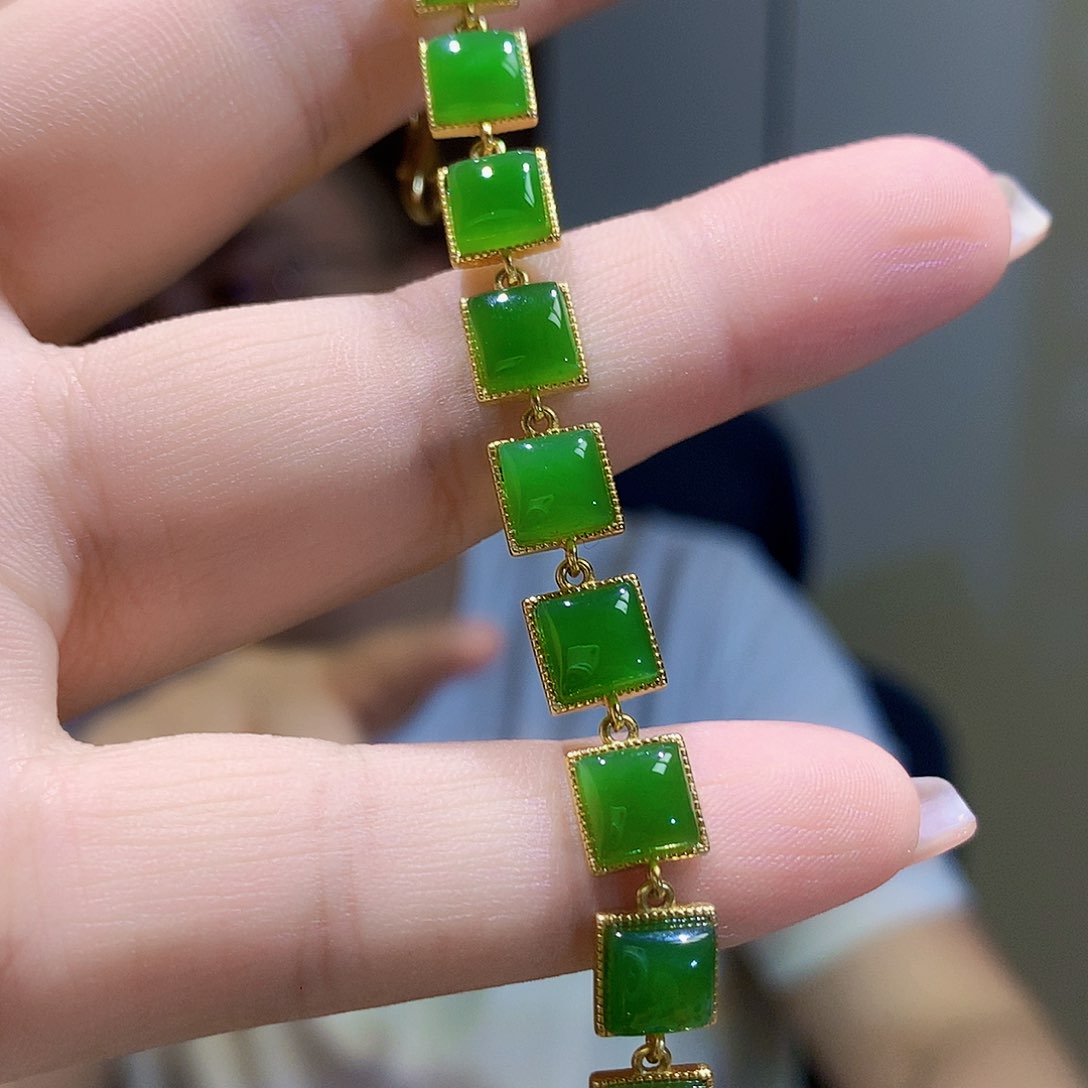 手链银S925镀金镶嵌和田玉（碧玉）
