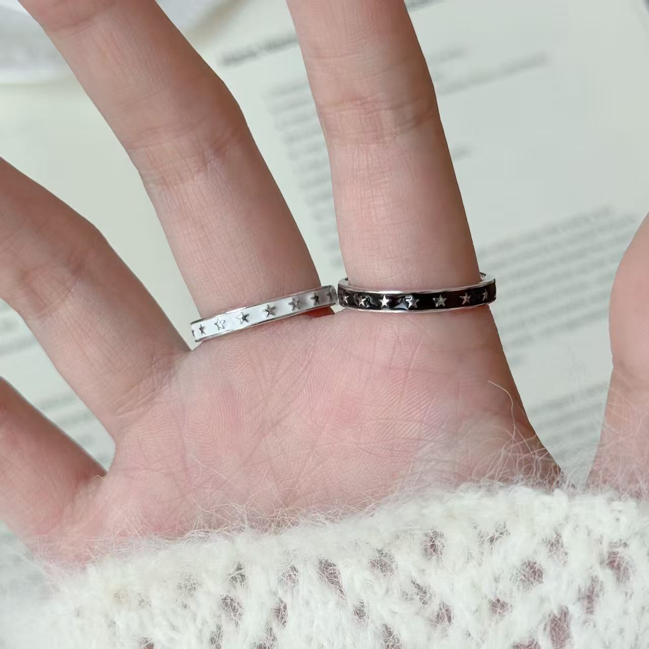 早兰 925银戒指 【星昼戒指】S925银黑白星星戒指