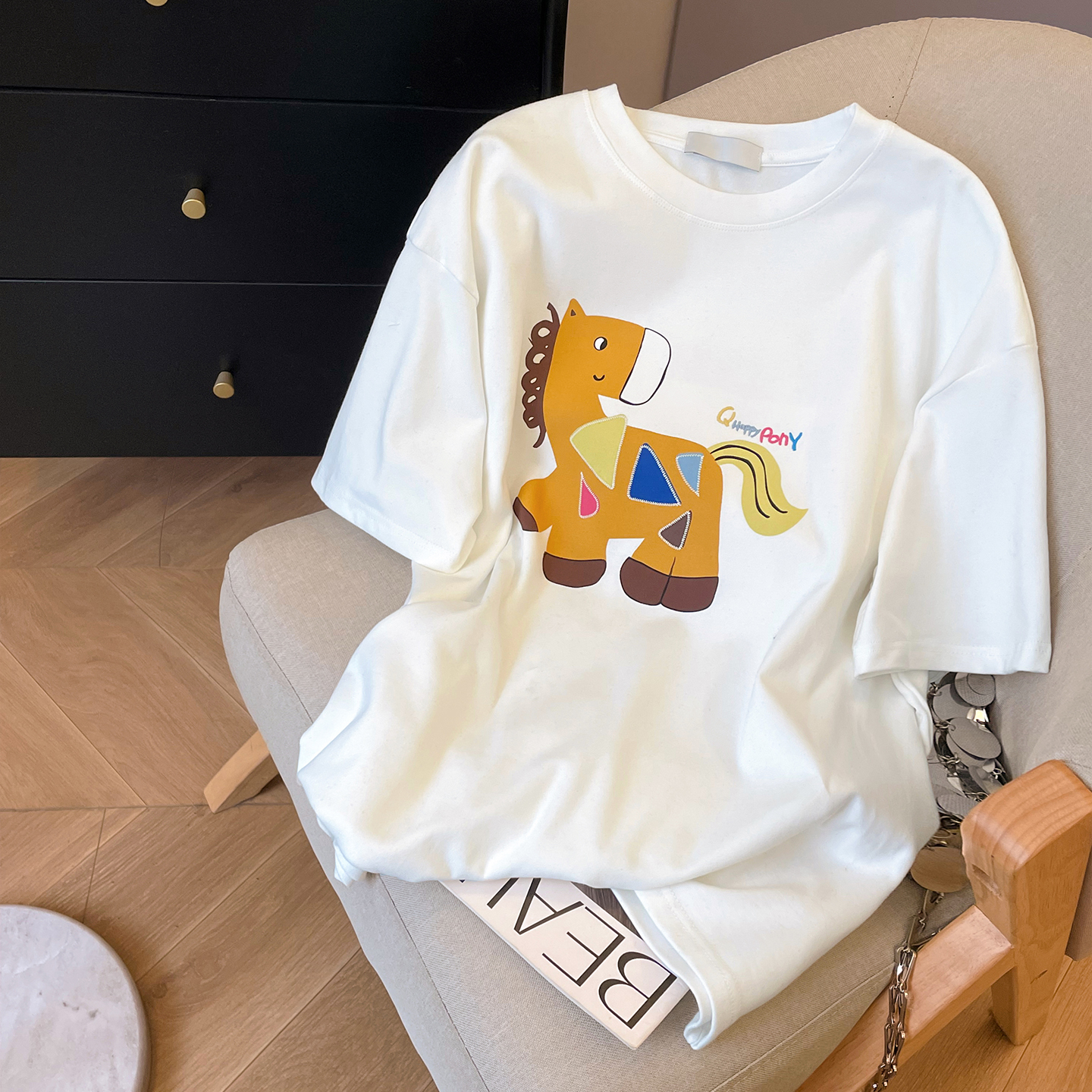 小C家 减龄卡通小马印花短袖T恤女2025新款秋冬休闲内搭打底上衣