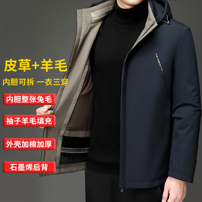 【真兔毛一体】可拆卸派克服保暖羊毛棉衣商务行政男士外套