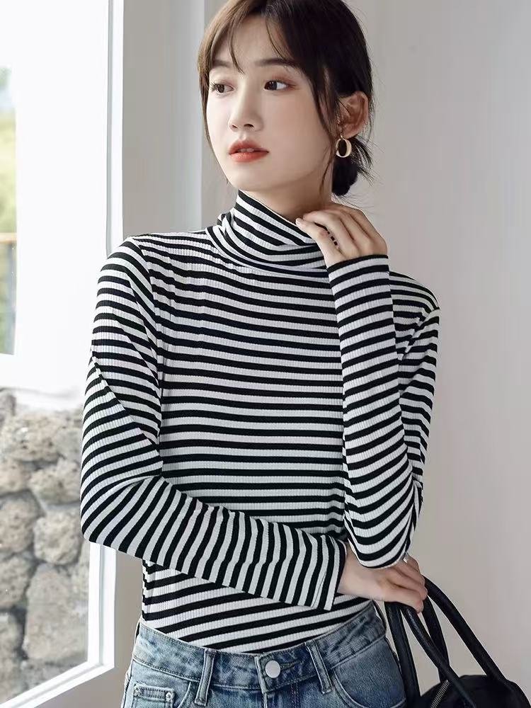 4833 GZH3横条纹打底衫女贴身新款高领螺纹长袖t恤薄款上衣