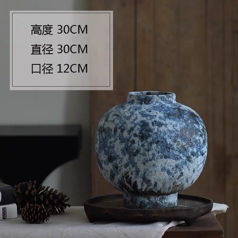 复古风陶瓷大肚花瓶侘寂风蓝色泡泡釉设计适合水培插干花客厅装饰