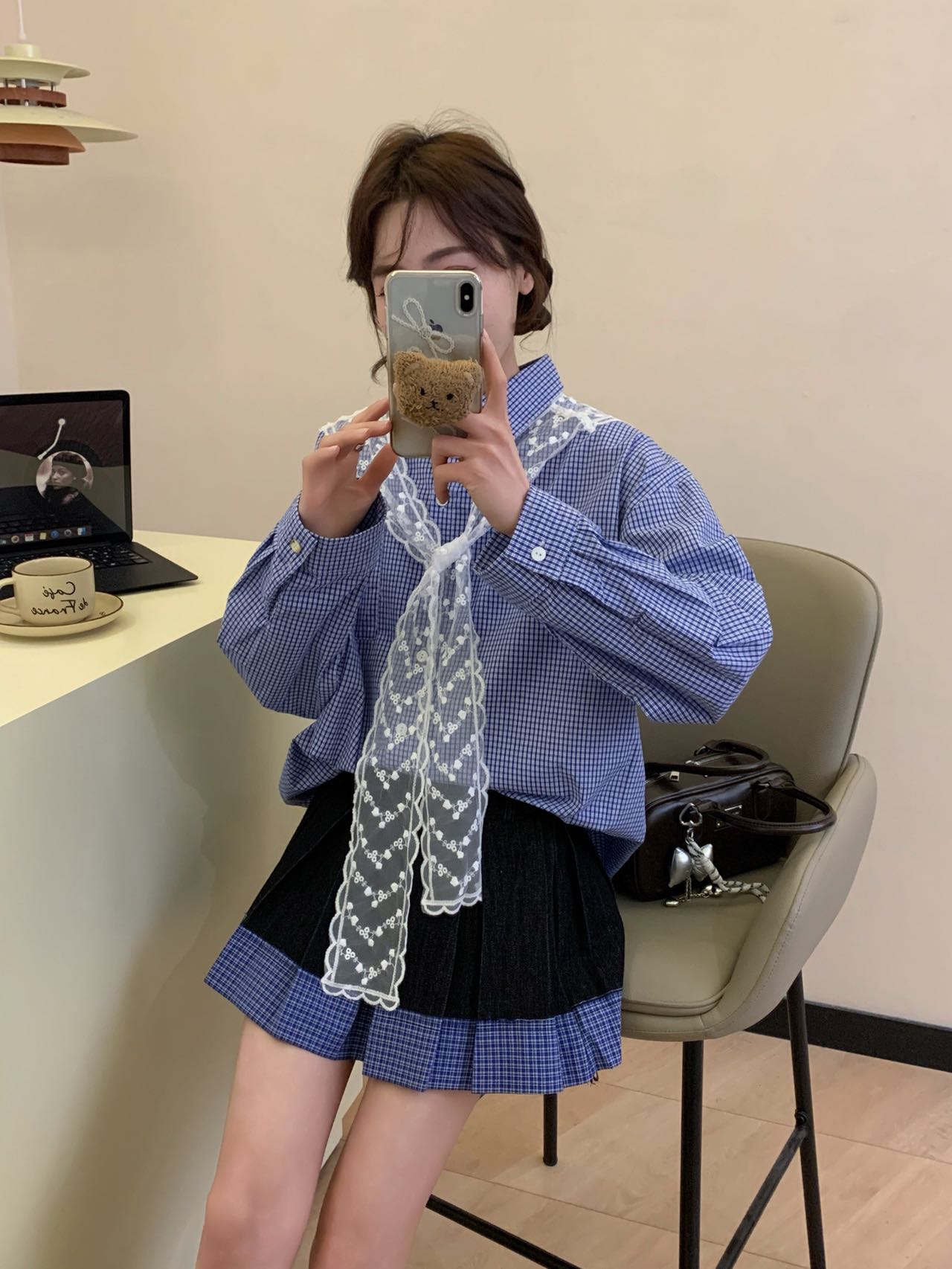 “减龄蕾丝“韩系春夏INS风复古格条慵懒宽松百搭设计蕾丝披肩衬衣