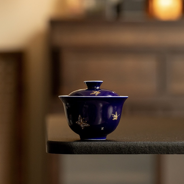 国潮烫金舞蝶陶瓷盖碗家用泡茶碗功夫茶具高岭土蝴蝶盖碗