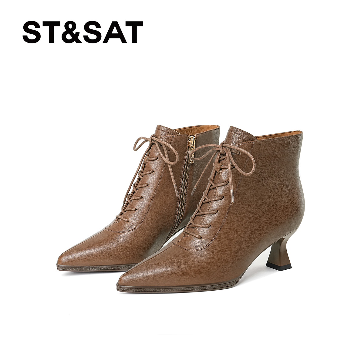 St&Sat/星期六细跟尖头女短靴百搭系带高跟女靴气质简约马丁靴