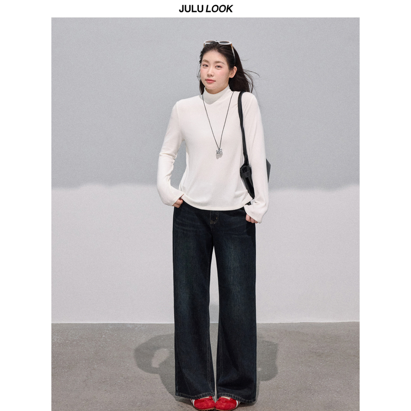 巨鹿工作室“超模腿的诞生”微胖mm复古做旧显瘦直筒裤大码牛仔裤