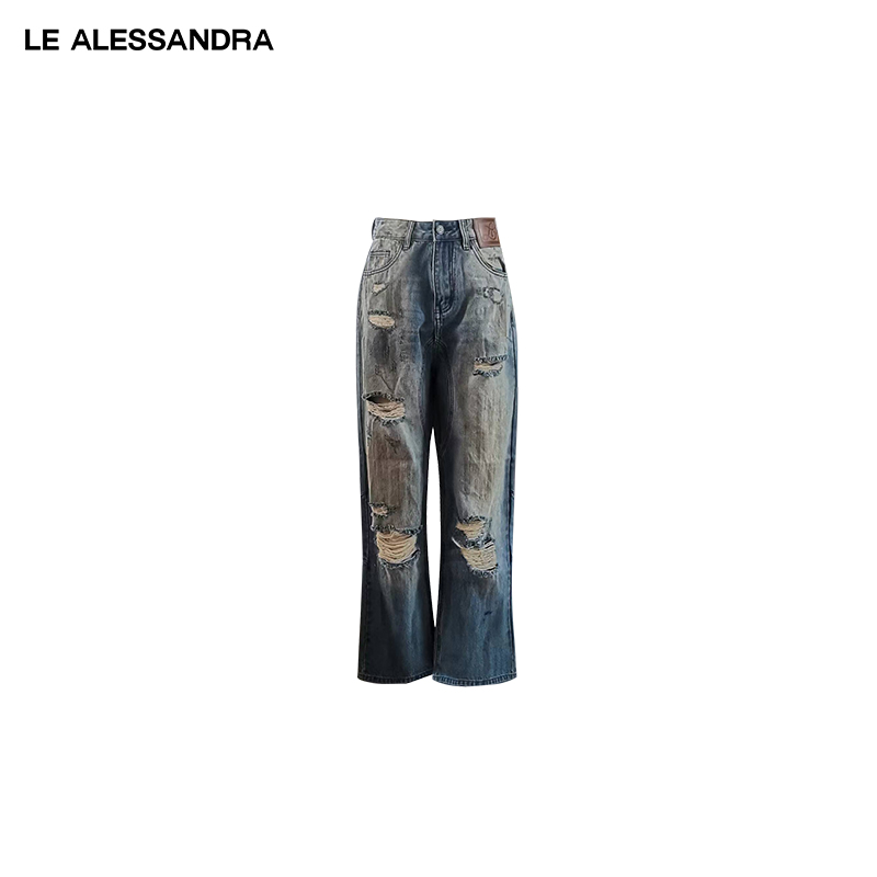 品牌直营 LE ALESSANDRA 美式复古破洞泥染做旧牛仔直筒长裤