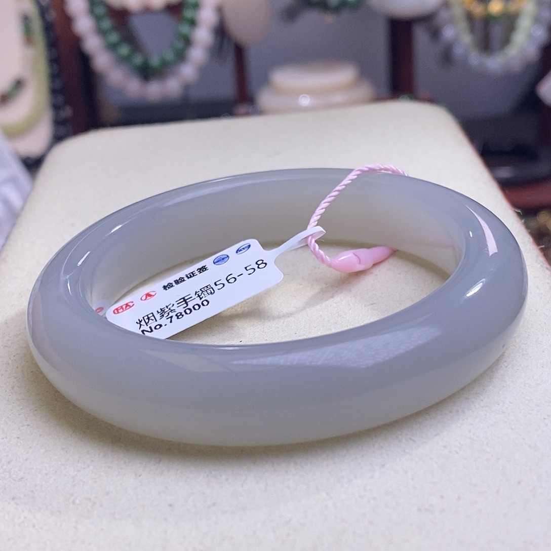 和田玉高冰烟紫宽版手镯57.5圈口未镶嵌