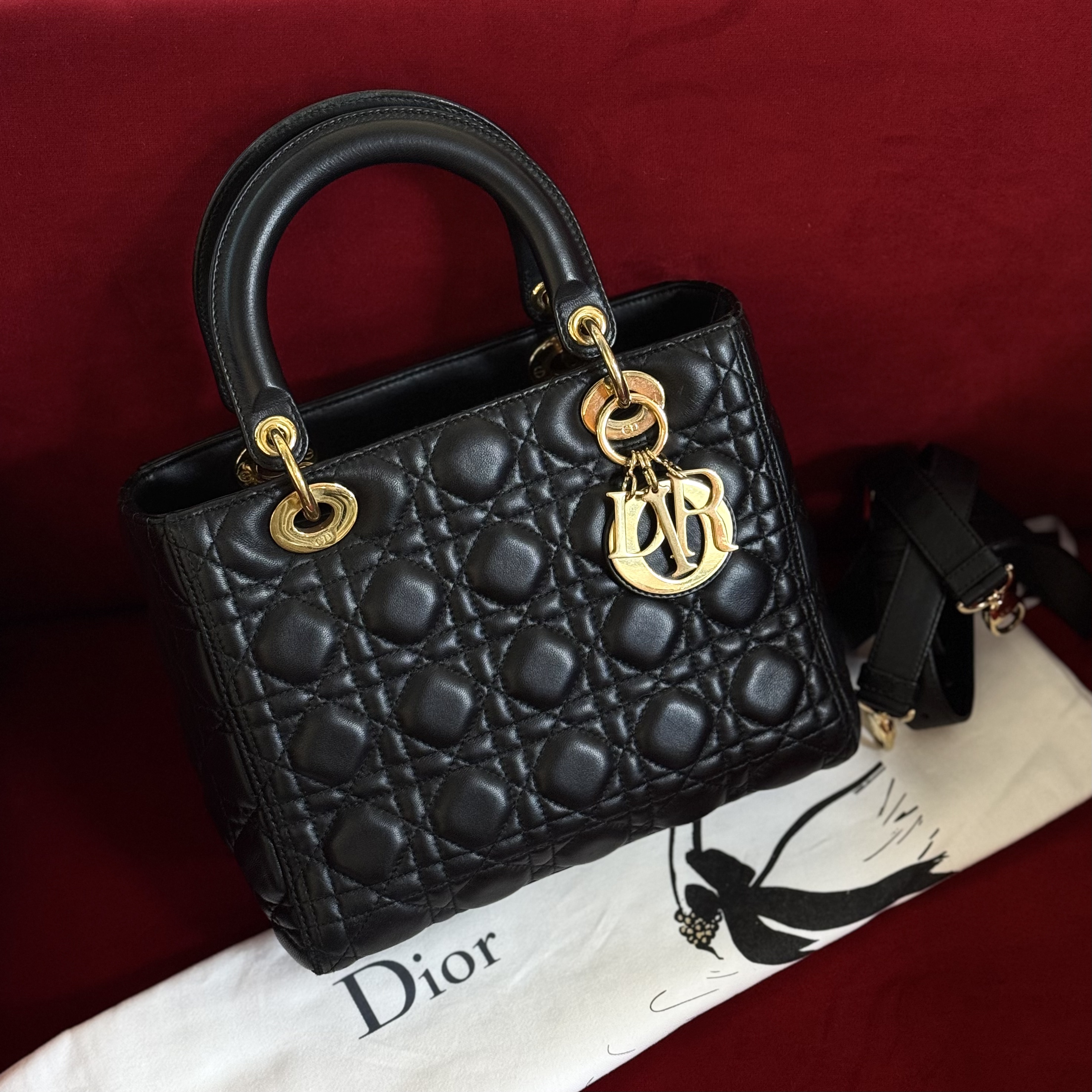 95新 DIOR/迪奥  黑金羊皮五格戴妃单肩包 16年