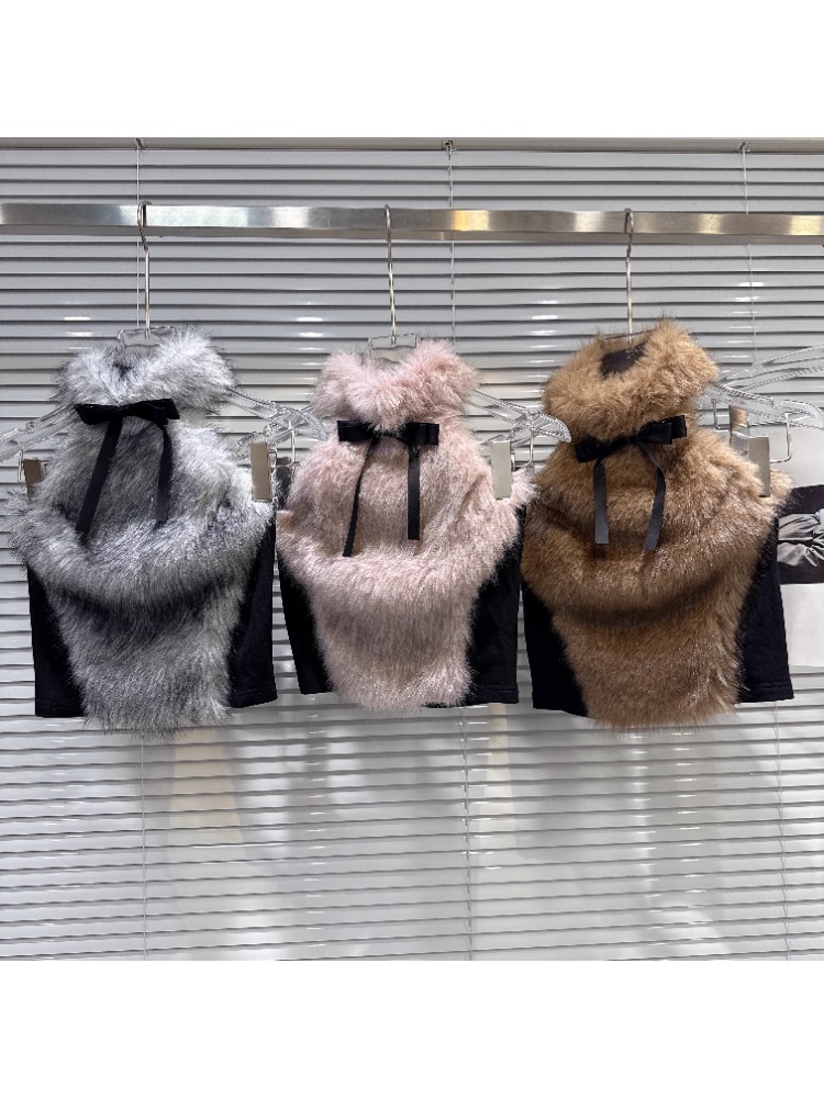 春秋冬季新款财阀千金蝴蝶结仿皮草毛挂脖领背心小衫