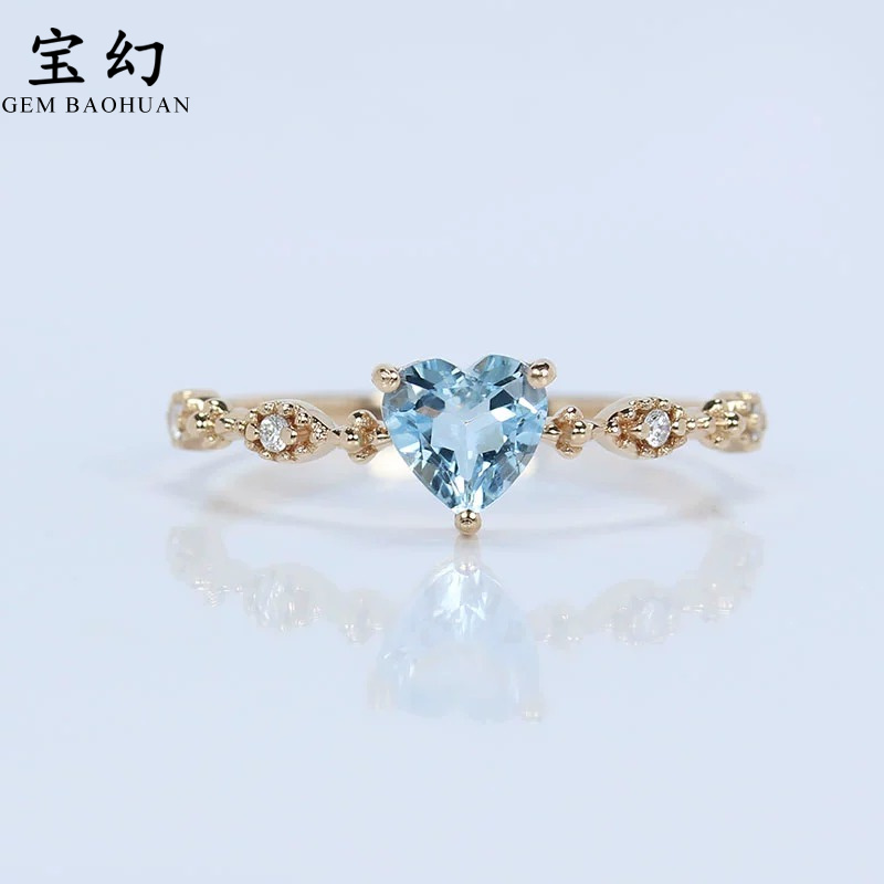 18K玫瑰金天然海蓝宝石心形复古戒指 5mm天空蓝镶钻石尾戒指环女